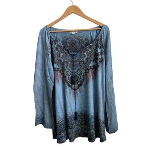 World Unity Boho Top Blue Long Sleeve Tassel Size 1X